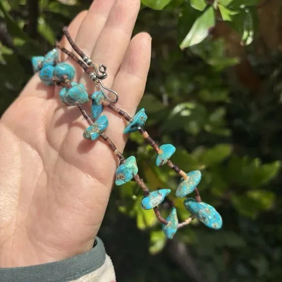 Vintage Turquoise Nugget and Heishi Beaded Necklace Sterling Silver Clasp 28” - Picture 4 of 8